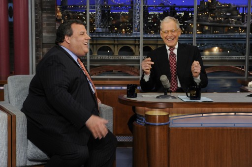 Chris Christie, David Letterman In this photo released by CBS Broadcasting, New Jersey Gov. Chris Christie, left, and late night host David Letterman, right, react with laughter during the Governor's first visit to CBS’ “Late Show with David Letterman,” on Monday, Feb. 4, 2013 in New York. (AP Photo/CBS Broadcasting, Jeffrey Neira)