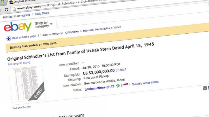 HT_ebay_listing_2_nt_130729_16x9_992 An original "Schindler's list" from family of Itzhak Stern dated April 18, 1945 was put up for auction, with a requested starting bid of $3 million. (ebay.com)
