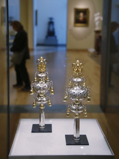 Ceremonial bells belonging to the 250-year-old Touro Synagogue in Newport, R.I., and worth more than $7 million are seen on display at the Museum of Fine Arts in Boston, Monday, June 1, 2015. (AP Photo/Stephan Savoia) 