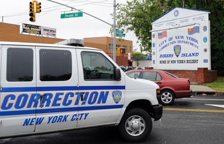 FILE - A view of the sign out side Rikers Island jail complex. EPA