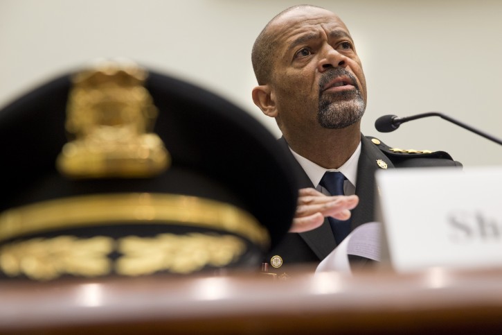 FILE - In this May 19, 2015 file photo, Milwaukee, Wis. County Sheriff David Clarke Jr. testifies on Capitol Hill in Washington. A majority of blacks in the U.S., more than three out of five, say they or a family member have personal experience with being treated unfairly by the police, and their race is the reason why.   (AP Photo/Jacquelyn Martin, File)