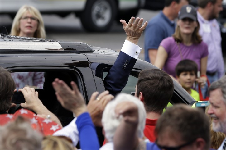 Republican presidential candidate Donald Trump waves to supporters as he leaves at the National Federation of Republican Assemblies on Saturday, Aug. 29, 2015, in Nashville, Tenn. (AP Photo/Mark Humphrey)