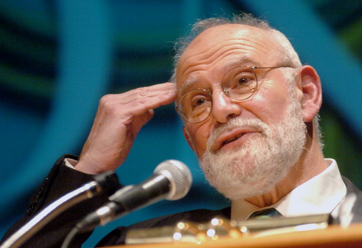 FILE- In this Oct. 26, 2005, file photo, Dr. Oliver Sacks speaks about Alzheimer's disease to an audience at Fairfield University in Fairfield, Conn. Sacks, a neurologist and writer, died Sunday, Aug. 30, 2015. (Johnathon Henninger/Connecticut Post via AP, File)