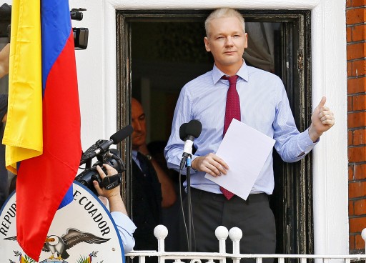 A file picture dated 19 August 2012 of Wikileaks founder Julian Assange giving a thumbs up prior to delivering a statement on the balcony inside the Ecuador Embassy where he has sought political asylum in London, Britain. EPA/KERIM OKTEN