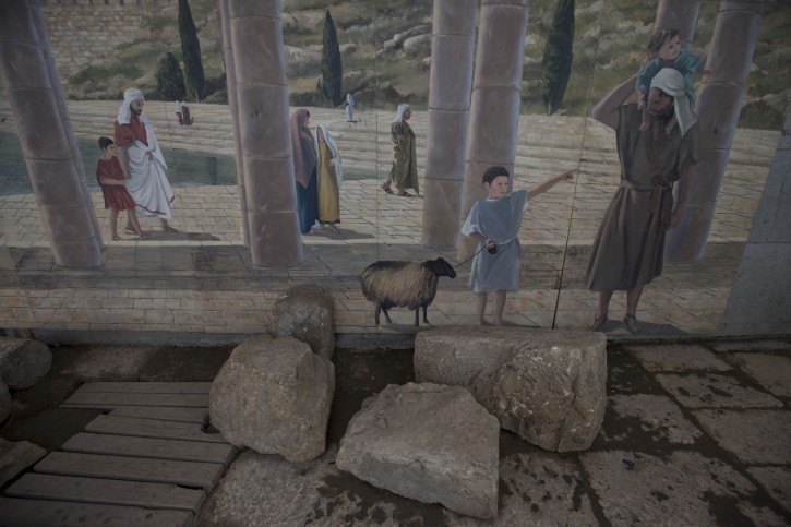 A mural showing the ancient Shiloah pool is seen wher  a 2,000 year-old podium has been found in the City of David at the Shiloah pool at the Old city of Jerusalem, Israel, 31 August 2015. Researchers of the Israel Antiquities Authority estimated that the unique stepped structure situated alongside the 2,000 year old Second Temple stepped street, which carried pilgrims on their way from the Shiloah pool to the Temple Mount was used as a podium for speakers.  EPA/ABIR SULTAN