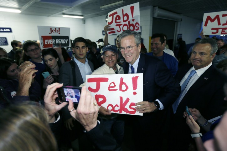 Republican presidential candidate, former Florida Gov. Jeb Bush arrives in Mackinac Island, Mich., for the 2016 Mackinac Republican Leadership Conference, Friday, Sept. 18, 2015. (AP Photo/Carlos Osorio)