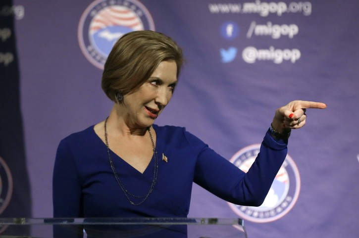 Republican presidential candidate, businesswoman Carly Fiorina addresses the 2016 Mackinac Republican Leadership Conference, Saturday, Sept. 19, 2015, in Mackinac Island, Mich. (AP Photo/Carlos Osorio)
