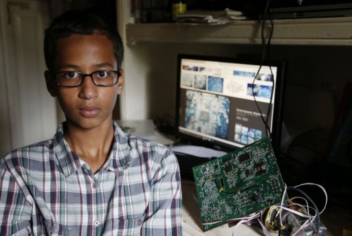 Irving MacArthur High School student Ahmed Mohamed, 14, poses for a photo at his home in Irving, Texas on Tuesday, Sept.  15, 2015. (Vernon Bryant/The Dallas Morning News via AP) 