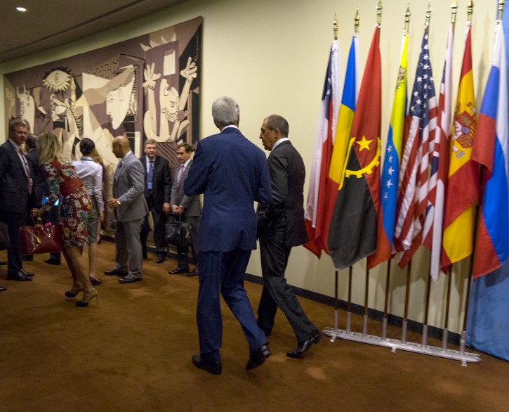 U.S. Secretary of State John Kerry, left, and Russia's Foreign Minister Sergey Lavrov walk from a news conference at the U.N., Wednesday, Sept. 30, 2015. (AP Photo/Craig Ruttle)