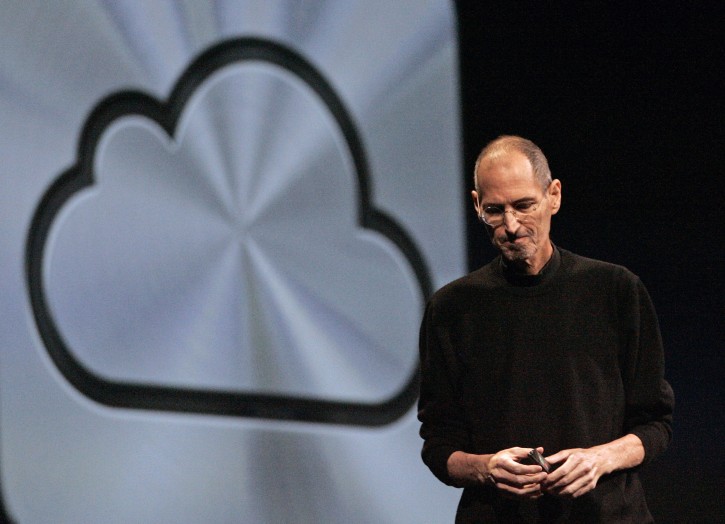 FILE - Steve Jobs, CEO of Apple Inc. stands in front of the new icloud emblem during the unveiling of the new iCloud, Mac operating system Lion and iOS5, during the World Wide Developers Conference in San Francisco California, June 06, 2011. EPA