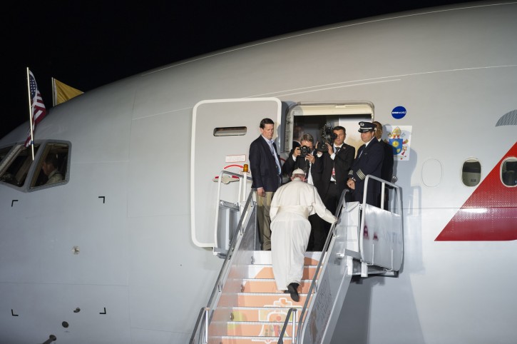 Pope Francis boards his flight in front of a flock of cameras at his departure from Atlantic Aviation in Philadelphia, Pennsylvania, USA, 27 September 2015.  EPA