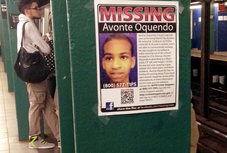 FILE - In this Oct. 21, 2013, file photo, a missing poster displayed in a New York subway station asks for help in finding Avonte Oquendo, an autistic 14-year-old who was last seen walking out of his Queens school toward a park overlooking the East River. Oquendos remains were found in the East River in January 2014, several miles from where he vanished. Two years after his death, New York City teachers and school employees are receiving additional training on serving autistic pupils. (AP Photo/Barbara Woike, File)