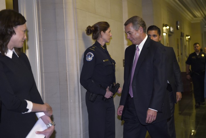Outgoing House Speaker John Boehner of Ohio arrives for a meeting on Capitol Hill in Washington, Wednesday, Oct. 28, 2015. Bipartisan leaders pushed a two-year budget truce toward House approval and Republicans prepared to nominate Rep. Paul Ryan as the new speaker Wednesday, milestones GOP leaders hope will transform their party's recent chaos into calm in time for next year's presidential and congressional campaigns. (AP Photo/Susan Walsh)