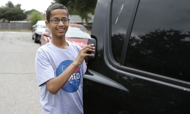 Ahmed Mohamed, the 14-year-old who was arrested at MacArthur High School after a homemade clock he brought to school was mistaken for a bomb, smiles before before leaving his family's home Wednesday, Oct. 21, 2015, in Irving, Texas.  (AP Photo/LM Otero)