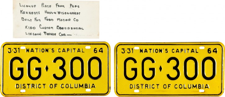 This undated photo provided by Heritage Auction shows the license plates that were on the limousine carrying President John F. Kennedy when he was assassinated in Dallas on Nov. 22, 1963. The plates, which were discarded when the vehicle was sent for upgrades, are going up for auction. (Heritage Auctions via AP Photo)