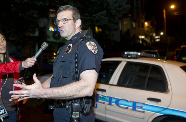In this photo taken Monday night, Nov. 30, 2015, Juneau Police Chief Bryce Johnson speaks to reporters about the death of Mayor Stephen "Greg" Fisk in Juneau, Alaska. Fisk, the newly elected mayor of Alaska's capital city, was found dead in his home Monday. Circumstances surrounding the death were not immediately known.  (Michael Penn/The Juneau Empire via AP) 