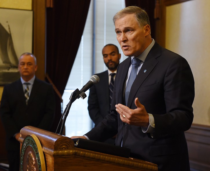 Washington Gov. Jay Inslee speaks during a news conference in Olympia, Wash., Tuesday, Dec. 22, 2015. More than 3,000 prisoners in Washington have been mistakenly released early since 2002 because of an error by the state's Department of Corrections.(Steve Bloom/The Olympian via AP)