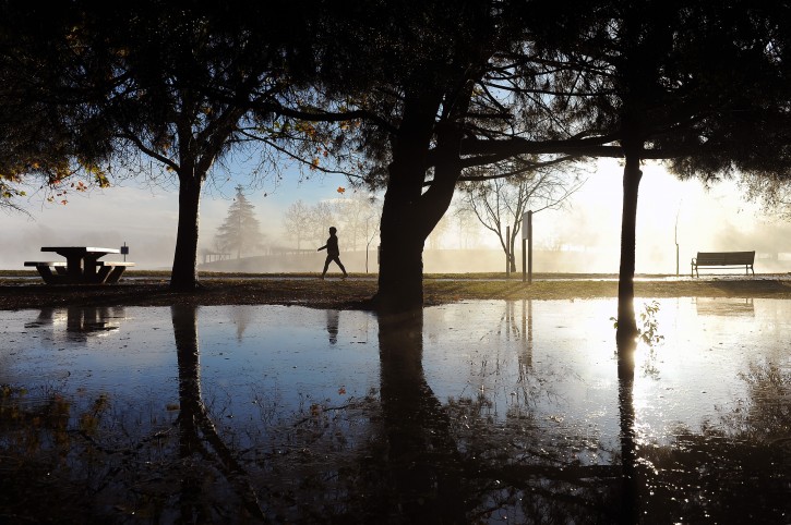 A walker takes advantage of the clearing skies to stroll past rain puddles at Lake Balboa Park in Lake Balboa, Calif., Thursday, Jan. 7, 2016. The tail-end of a series of several El Nino-driven storms brought scattered showers and isolated thunderstorms to Southern California Thursday along with pounding surf and serious winds. (AP Photo/Michael Owen Baker)