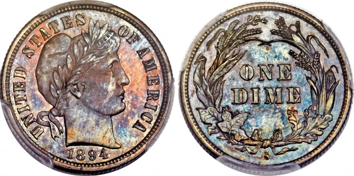 This Nov. 10, 2015, photo combination provided by Heritage Auctions, shows the front and back of a rare 1894 dime that will be put up for auction Thursday Jan. 7, 2016 in Tampa, Fla. Only nine of the 24 dimes made at the San Francisco mint in 1894 are known today.  The coin is expected to sell for more than $1 million in the auction. (Heritage Auctions via AP)