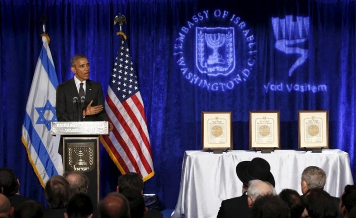 U.S. President Barack Obama speaks at the Righteous Among the Nations Award Ceremony, organised for the first time in the U.S. by Yad Vashem, at the Embassy of Israel in Washington January 27, 2016. REUTERS/Kevin Lamarque 