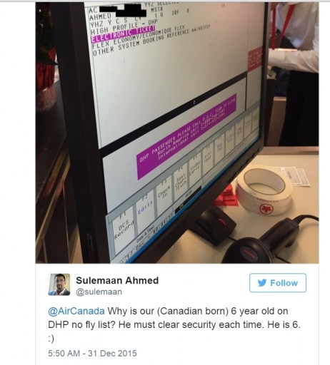 Sulemaan sent out a tweet asking Air Canada: “Why is our (Canadian born) 6-year-old on DHP no fly list? He must clear security each time. He is 6.”