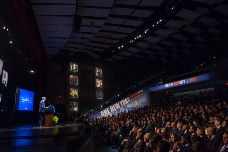 New York City Mayor Bill de Blasio delivers his State of the City address at Lehman College â in the Bronx on Thursday, February 4, 2016. The theme of the speech is One New York: Working For Our Neighborhoods. Michael Appleton/Mayoral Photography Office