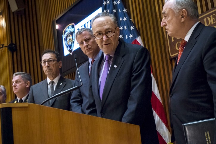 Mayor Bill de Blasio, U.S. Senator Charles E. Schumer and New York City’s Police, Fire and Emergency Management Commissioners call on Congress to fully fund the Urban Areas Security Initiative (UASI) program. Police Headquarters, Manhattan. Wednesday, February 17, 2016. Credit: Ed Reed/Mayoral Photography Office.