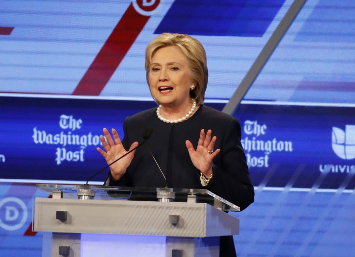 In this photo taken March 9, 2016, Democratic presidential candidate, Hillary Clinton speaks during the Democratic presidential debate in Miami, Fla. (AP Photo/Wilfredo Lee)