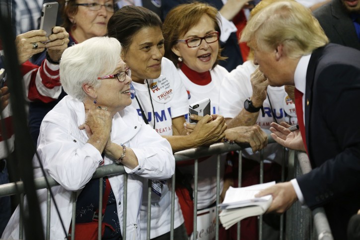 Republican presidential candidate Donald Trump talks to supporters after he speaks during a campaign rally, Saturday, March 5, 2016, in Orlando, Fla. (AP Photo/Brynn Anderson)