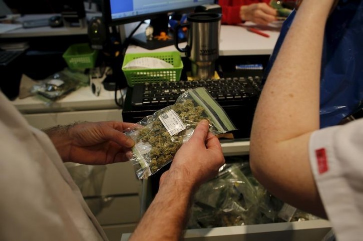 An employee holds a package of medical marijuana as he works at a dispensary belonging to Tikun Olam, Israel's largest medical marijuana supplier, in Tel Aviv March 27, 2016. Picture taken March 27, 2016. REUTERS/Ronen Zvulun