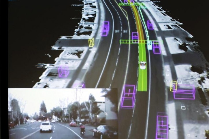 Video captured by a Google self-driving car, inset, is coupled with the same street scene as the data is visualized by the car during a presentation at a media preview of Google's prototype autonomous vehicles in Mountain View, California, in this file photo taken September 29, 2015. REUTERS