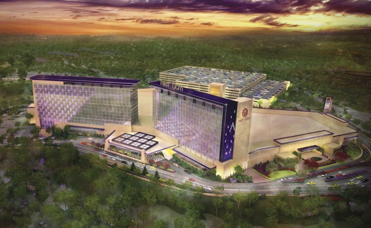 This undated architectural rendering provided by Steelman Partners shows an updated plan for the First Light Resort & Casino that the Mashpee Wampanoag Tribe envisions building on their reservation in Taunton, Mass. In 2016, the U.S. Department of the Interior created a reservation for the tribe in two tracts totaling more than 300 acres on Cape Cod and in Taunton after it became federally recognized in 2007. Nearly 400,000 acres have been placed into trust for Native American tribes since President Barack Obama took office, and approximately 233,000 acres were placed into trust during the prior tenure of President George W. Bush. (Steelman Partners via AP)