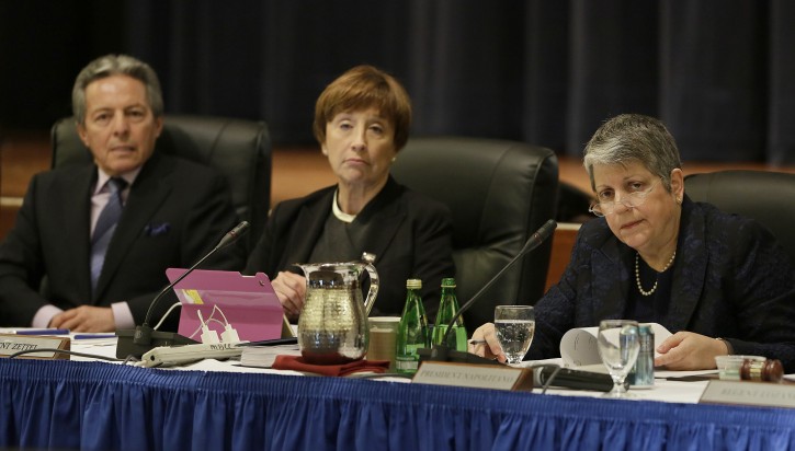 From left, Hadi Makarechian, Charlene Zettel, and University of California President Janet Napolitano listen to public comment during a Board of Regents meeting Wednesday, March 23, 2016, in San Francisco. AP