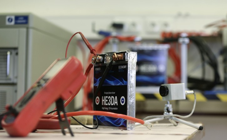 In this picture taken on Wednesday, March 9, 2016, a battery is tested at the Prague based He3Da company, in the Czech Republic. In the global race to create more efficient and long-lasting batteries, some are betting on nanotechnology - the use of minuscule parts - as the most likely to yield a breakthrough. Improving batteries performance is key to the development and success of many much-hyped technologies, from solar and wind energy to electric cars. Research into how to achieve that has followed several avenues, from using different materials than the existing lithium-ion batteries to changing the internal structure of batteries using nanoparticles - parts so small they are invisible to the naked eye. (AP Photo/Petr David Josek)