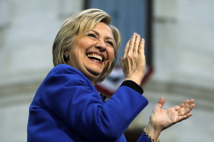 Democratic presidential candidate Hillary Clinton smiles during a campaign stop, Monday, April 25, 2016, at City Hall in Philadelphia. (AP Photo/Matt Rourke)