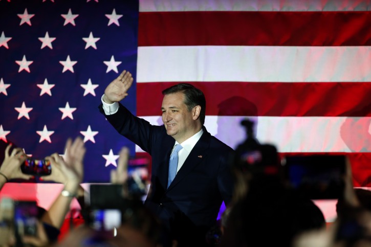 Republican presidential candidate Sen. Ted Cruz, R-Texas, waves at a primary night campaign event, Tuesday, April 5, 2016, in Milwaukee. (AP Photo/Paul Sancya)
