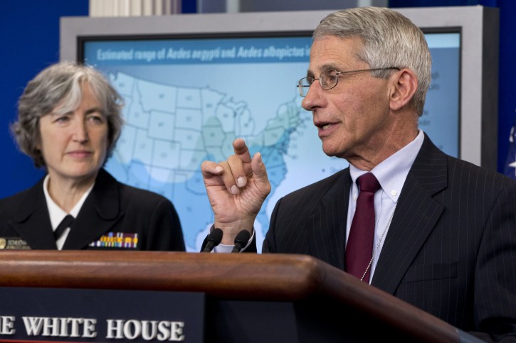 Dr. Anthony Fauci, director of NIH/NIAID, right, with Dr. Anne Schuchat, principal deputy director of the Center for Disease Control, speaks about the Zika virus during a news briefing at the White House in Washington, Monday, April 11, 2016. (AP Photo/Jacquelyn Martin)