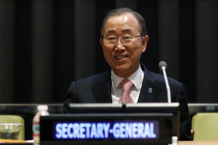 FILE - United Nations Secretary General Ban Ki-moon attends the 69th General Assembly before Turkish Prime Minister Ahmet Davutoglu addressed the United Nations General Assembly at the U.N. headquarters in New York, March 6, 2015. .REUTERS/Eduardo Munoz 
