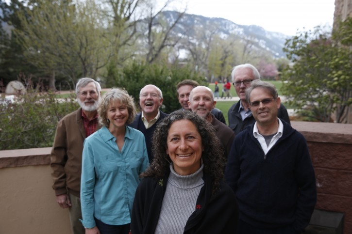 Essrea Cherin, president of the Boulder-Nablus Sister City Project, center, stands with fellow board members in front of the Boulder Municipal Building, before a city council meeting, in Boulder, Colo., Tuesday, April 19, 2016. This peaceful university town is 7,000 miles from the violence of the Middle East, but a proposal to become sister cities with the Palestinian community of Nablus has stirred such rancor that the city is considering hiring a mediator. (AP Photo/Brennan Linsley)