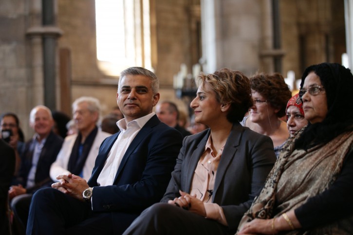 London's new mayor Sadiq Khan and his wife Saadiya attend the official signing ceremony in Southwark Cathedral, London, Saturday May 7, 2016. On Friday the 45-year-old Labour Party politician became the first person of Islamic faith to lead Europe's largest city. (Yui Mok/Pool via AP)
