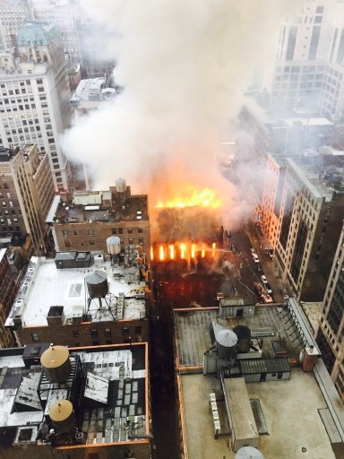 Firefighters battle flames at an historic Serbian Orthodox Cathedral of St. Sava in New York, Sunday, May 1, 2016. The church was constructed in the early 1850s and was designated a New York City landmark in 1968. (Anindya Ghose via AP)
