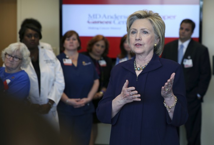 Democratic presidential candidate Hillary Clinton addresses a gathering of medical personnel at Cooper Hospital, Wednesday, May 11, 2016, in Camden, N.J. (AP Photo/Mel Evans)