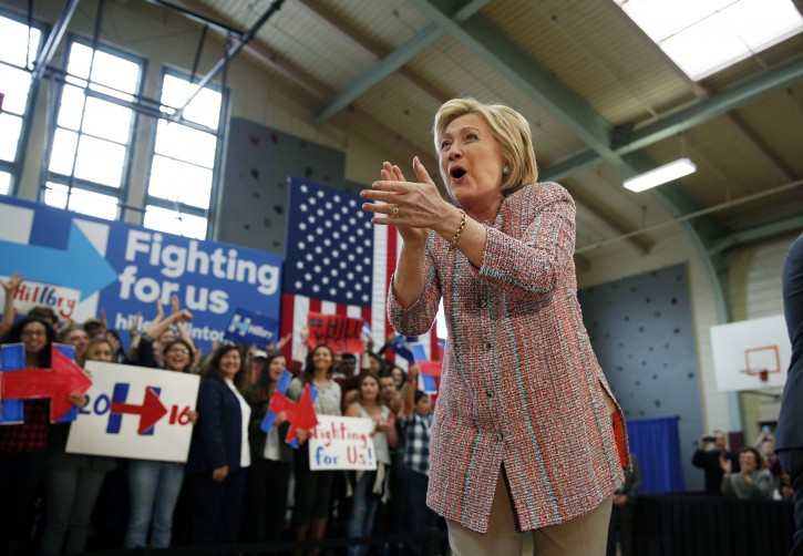 Democratic presidential candidate Hillary Clinton reacts while speaking at a rally at Hartnell College, Wednesday, May 25, 2016, in Salinas, Calif. (AP Photo/John Locher)