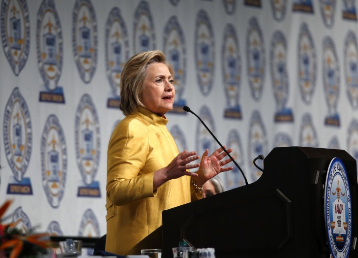 Democratic presidential candidate Hillary Clinton speaks at the NAACP's 61st annual Fight for Freedom Fund dinner in Detroit, Sunday, May 1, 2016.  (AP Photo/Paul Sancya)