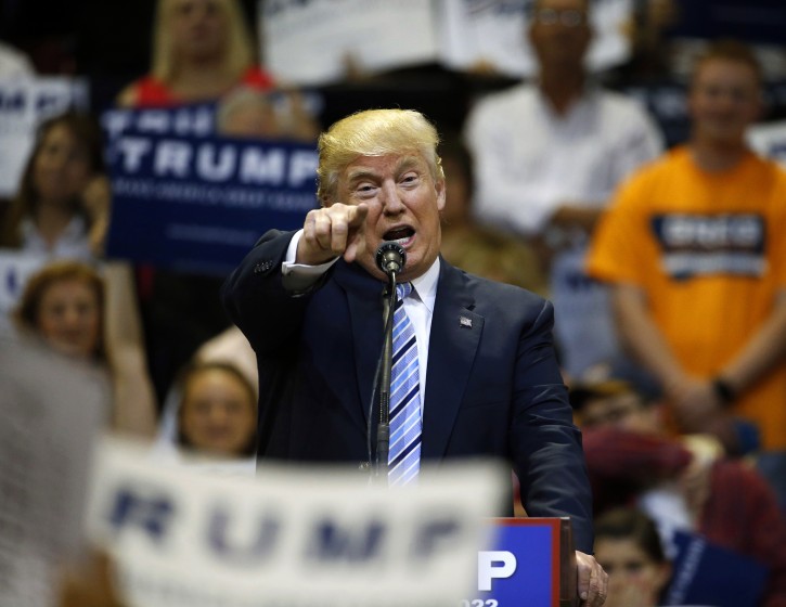 Republican presidential candidate Donald Trump speaks at a campaign rally, at the Rimrock Auto Arena, in Billings, Mont., Thursday, May 26, 2016. (AP Photo/Brennan Linsley)
