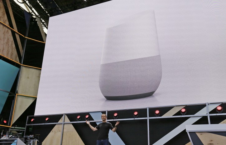 Google vice president Mario Queiroz gestures while introducing the new Google Home device during the keynote address of the Google I/O conference Wednesday, May 18, 2016, in Mountain View, Calif. Google unveiled its vision for phones, cars, virtual reality and more during its annual conference for software developers. (AP Photo/Eric Risberg)
