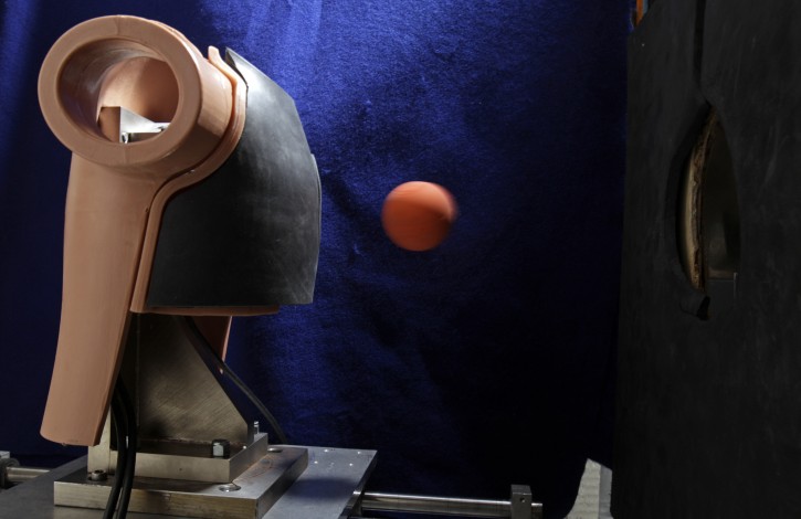In this March 17, 2016 photo, a ball is fired from a canon toward the chest of a test dummy at the National Operating Committee on Standards for Athletic Equipment facility in Rockford, Tenn. The NOCSAE sets safety standards for sports gear. (AP Photo/Wade Payne)