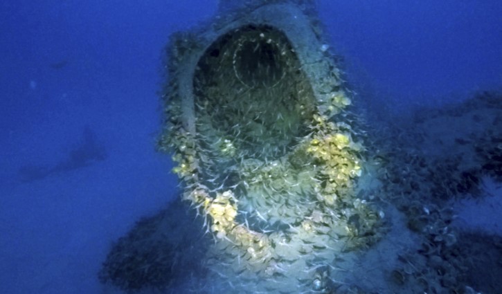 In this image taken from a video, a partial view of a British submarine that was downed off Sardinia during World War II. An Italian diver claims to have located the long-lost wreck of the British submarine HMS P311 that was downed off Sardinia during World War II. Diver Massimo Bondone told the La Nuova Sardegna daily that he found the P311 at a depth of 80 meters off the isle of Tavolara during a dive last weekend. (Massimo Bondone via AP)