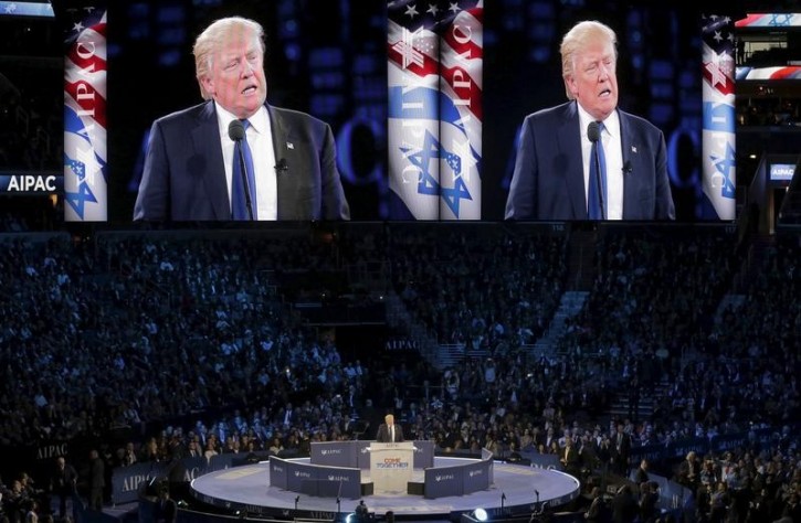 FILE - Republican U.S. presidential candidate Donald Trump addresses the American Israel Public Affairs Committee (AIPAC) afternoon general session in Washington March 21, 2016.      REUTERS/Joshua Roberts 