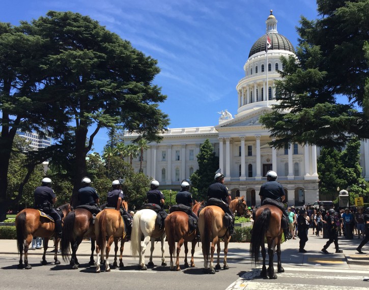 Sacramento police mobilize mounted officers for crowd control after a scuffle breaks out at a protest at 1:30 p.m. on Sunday near the Capitol. Anti-fascist protesters chant "Nazis go home!" (Jerry H. Yamashita via AP)